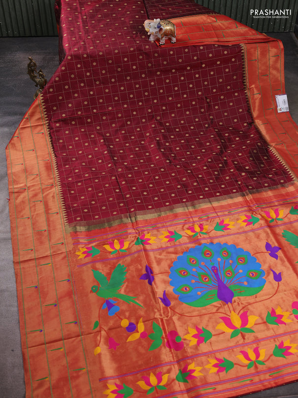 Pure paithani silk saree maroon and red with allover zari checks & buttas and long zari woven muniya butta border