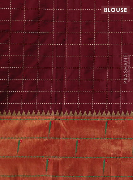 Pure paithani silk saree maroon and red with allover zari checks & buttas and long zari woven muniya butta border