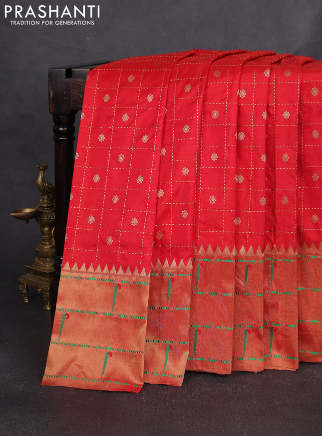Pure paithani silk saree red with allover zari checks & buttas and long zari woven muniya butta border