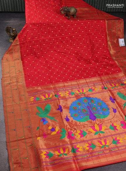 Pure paithani silk saree red with allover zari checks & buttas and long zari woven muniya butta border