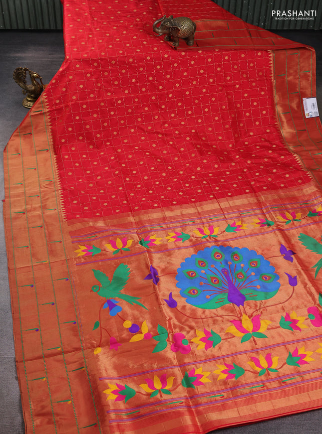 Pure paithani silk saree red with allover zari checks & buttas and long zari woven muniya butta border