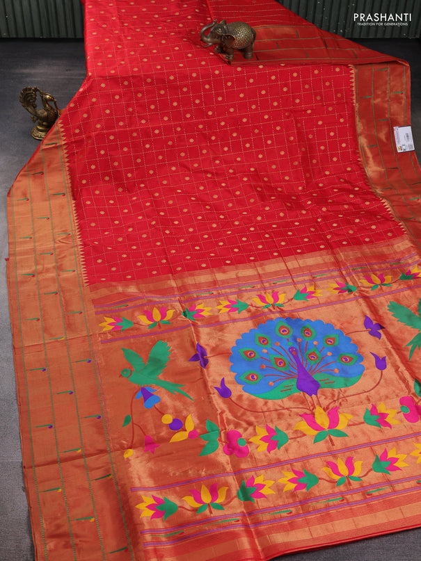 Pure paithani silk saree red with allover zari checks & buttas and long zari woven muniya butta border