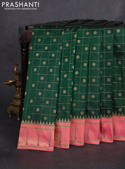 Pure paithani silk saree green and pink with allover zari checks & buttas and long zari woven muniya butta border