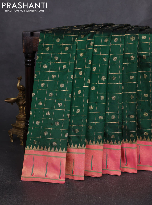Pure paithani silk saree green and pink with allover zari checks & buttas and long zari woven muniya butta border