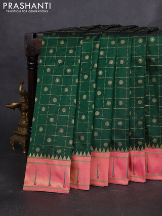 Pure paithani silk saree green and pink with allover zari checks & buttas and long zari woven muniya butta border