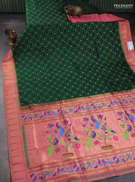 Pure paithani silk saree green and pink with allover zari checks & buttas and long zari woven muniya butta border