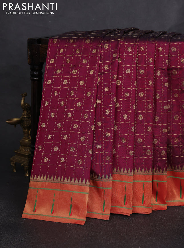 Pure paithani silk saree dark magenta pink and red with allover zari checks & buttas and long zari woven muniya butta border