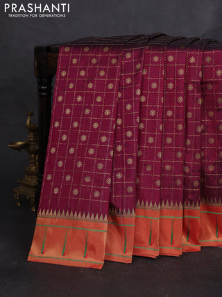 Pure paithani silk saree dark magenta pink and red with allover zari checks & buttas and long zari woven muniya butta border