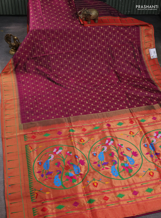 Pure paithani silk saree dark magenta pink and red with allover zari checks & buttas and long zari woven muniya butta border