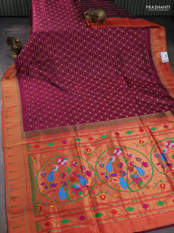 Pure paithani silk saree dark magenta pink and red with allover zari checks & buttas and long zari woven muniya butta border