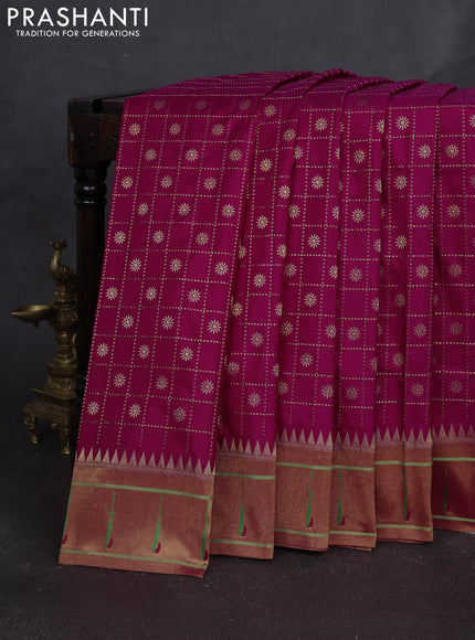 Pure paithani silk saree pink and red with allover zari checks & buttas and long zari woven muniya butta border