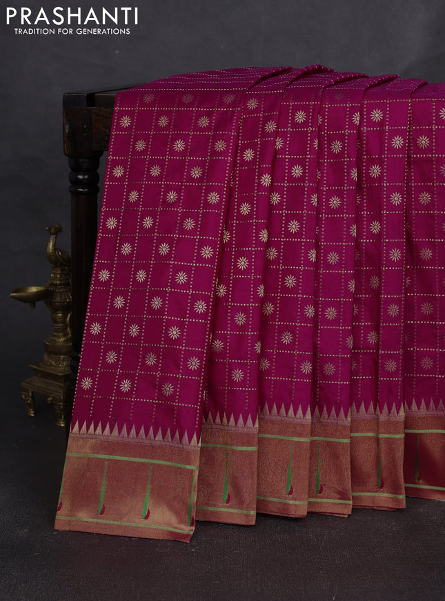 Pure paithani silk saree pink and red with allover zari checks & buttas and long zari woven muniya butta border