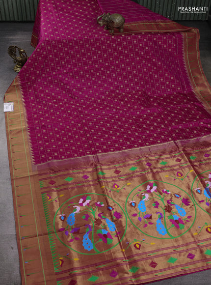 Pure paithani silk saree pink and red with allover zari checks & buttas and long zari woven muniya butta border