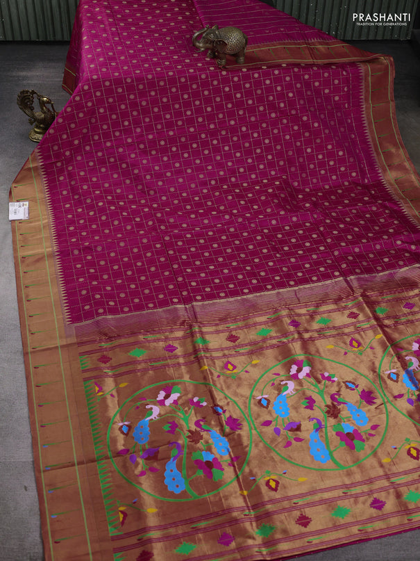 Pure paithani silk saree pink and red with allover zari checks & buttas and long zari woven muniya butta border