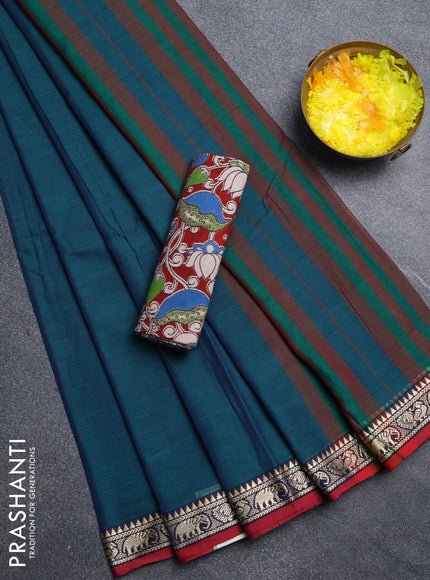 Narayanpet cotton saree dual shade of greenish blue and maroon with plain body and thread woven border