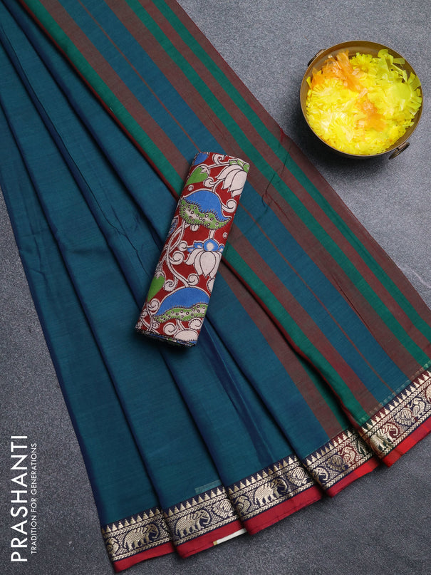 Narayanpet cotton saree dual shade of greenish blue and maroon with plain body and thread woven border