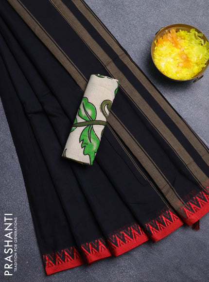 Narayanpet cotton saree black and beige with plain body and thread woven border