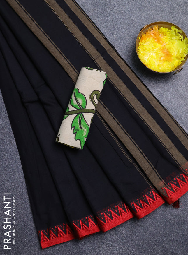 Narayanpet cotton saree black and beige with plain body and thread woven border