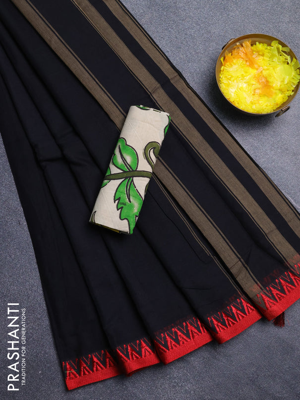 Narayanpet cotton saree black and beige with plain body and thread woven border