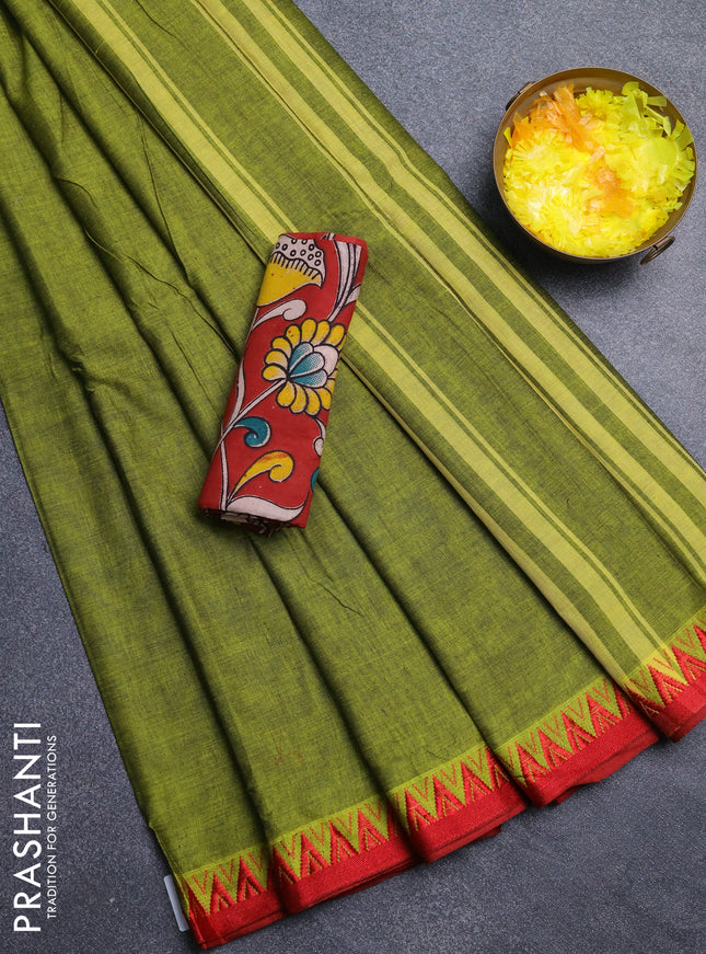 Narayanpet cotton saree light green and maroon with plain body and thread woven border