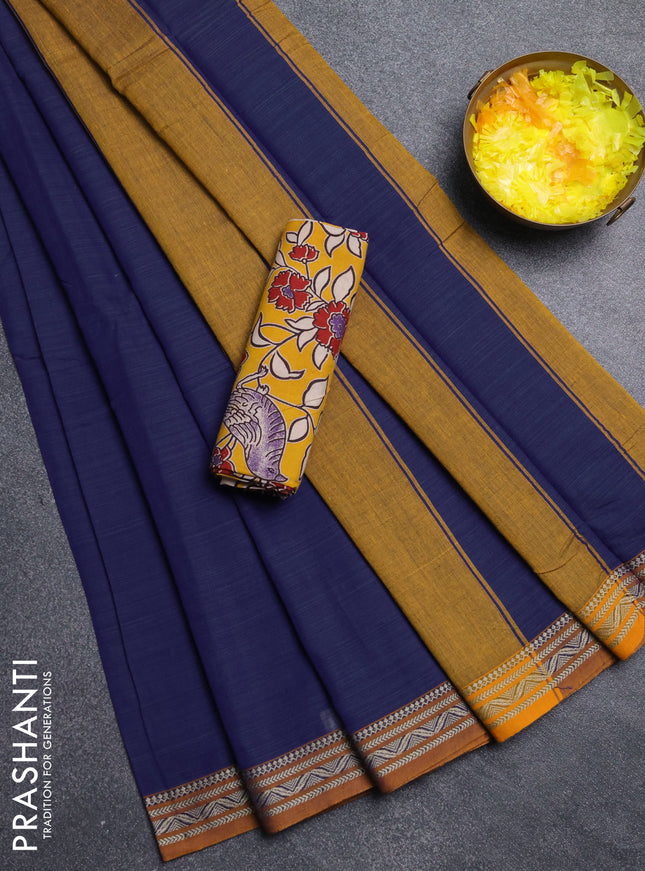 Narayanpet cotton saree blue and yellow with plain body and thread woven border