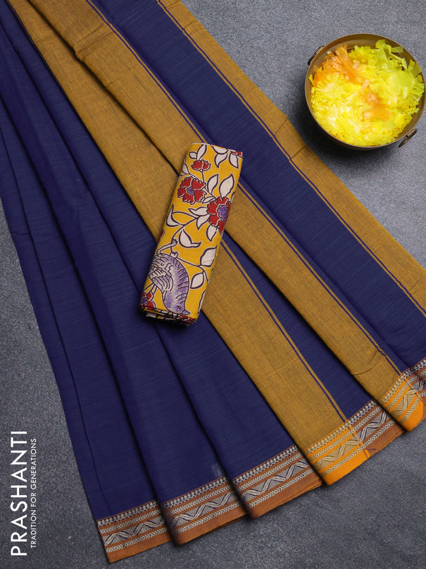 Narayanpet cotton saree blue and yellow with plain body and thread woven border