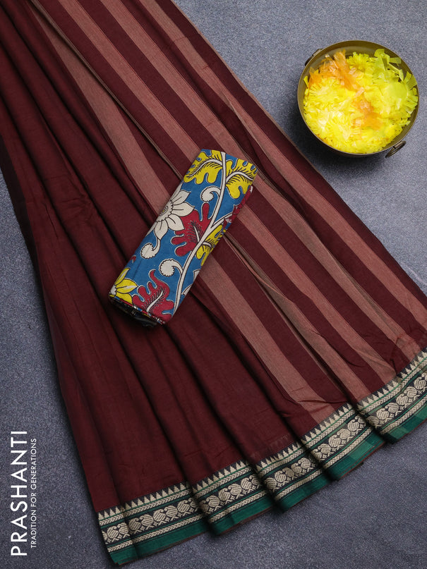 Narayanpet cotton saree maroon green and peacock green with plain body and thread woven border