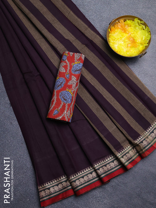 Narayanpet cotton saree wine shade and maroon with plain body and thread woven border