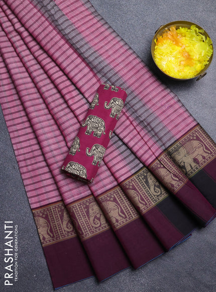 Narayanpet cotton saree light pink and wine shade pink with allover checked pattern and elephant thread woven simple border