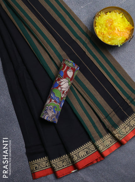 Narayanpet cotton saree black and deep maroon with plain body and temple design thread woven border