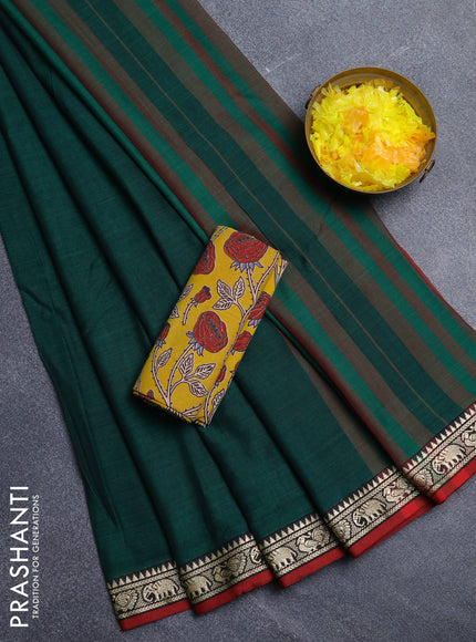 Narayanpet cotton saree green and mustard yellow with plain body and temple design thread woven border