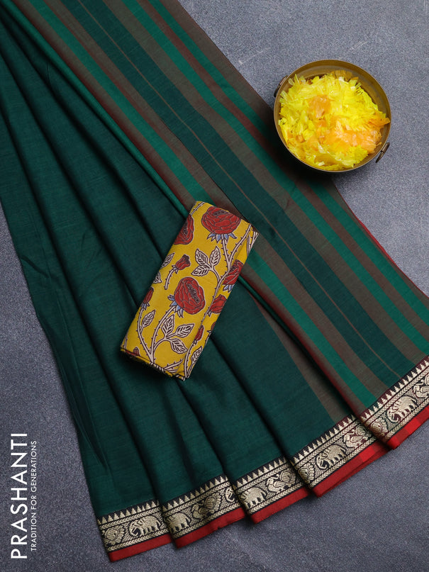 Narayanpet cotton saree green and mustard yellow with plain body and temple design thread woven border