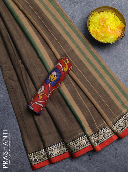 Narayanpet cotton saree chikku shade and maroon with plain body and temple design thread woven border