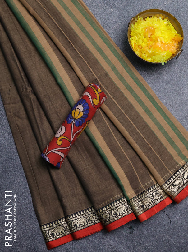 Narayanpet cotton saree chikku shade and maroon with plain body and temple design thread woven border