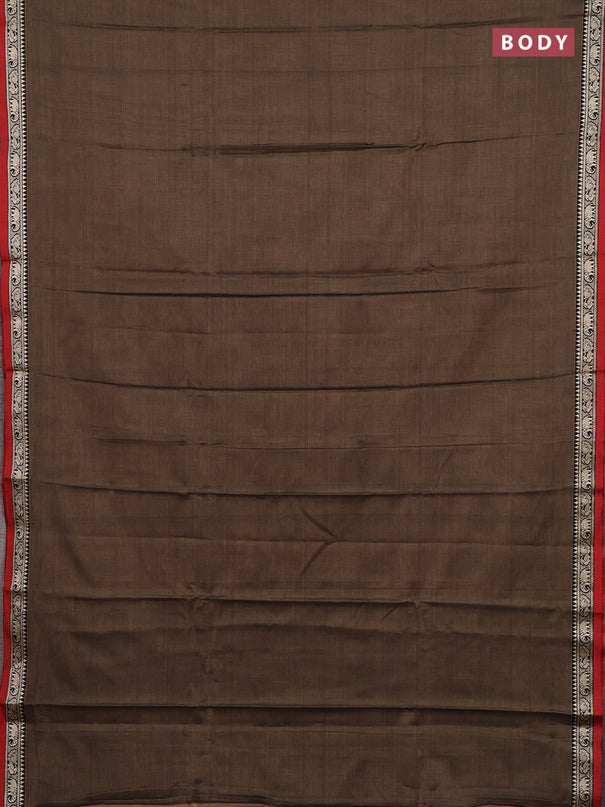 Narayanpet cotton saree chikku shade and maroon with plain body and temple design thread woven border