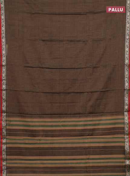 Narayanpet cotton saree chikku shade and maroon with plain body and temple design thread woven border