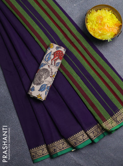 Narayanpet cotton saree violet and beige with plain body and temple design thread woven border