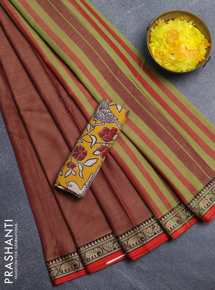Narayanpet cotton saree brown and yellow with plain body and temple design thread woven border