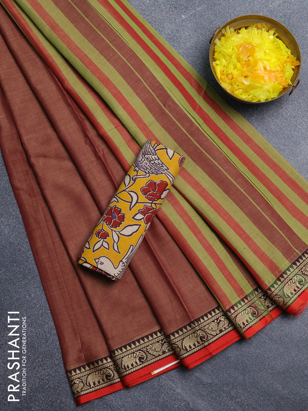 Narayanpet cotton saree brown and yellow with plain body and temple design thread woven border