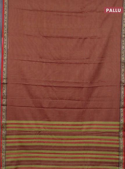 Narayanpet cotton saree brown and yellow with plain body and temple design thread woven border