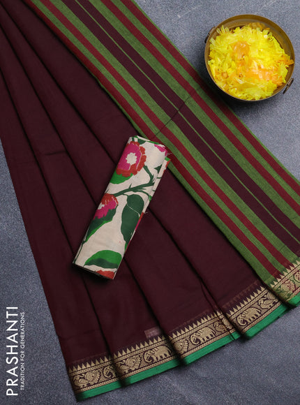 Narayanpet cotton saree deep wine and beige with plain body and temple design thread woven border