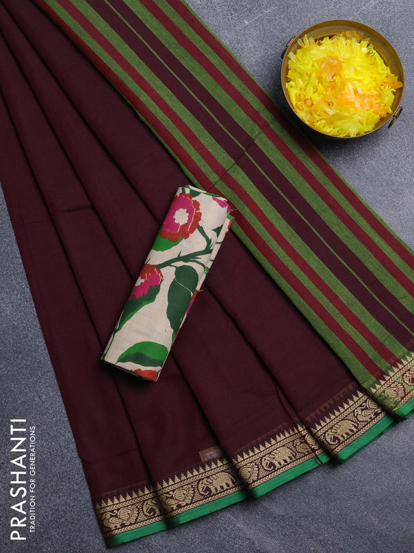 Narayanpet cotton saree deep wine and beige with plain body and temple design thread woven border