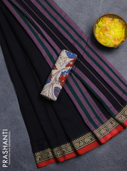 Narayanpet cotton saree black and beige with plain body and temple design thread woven border