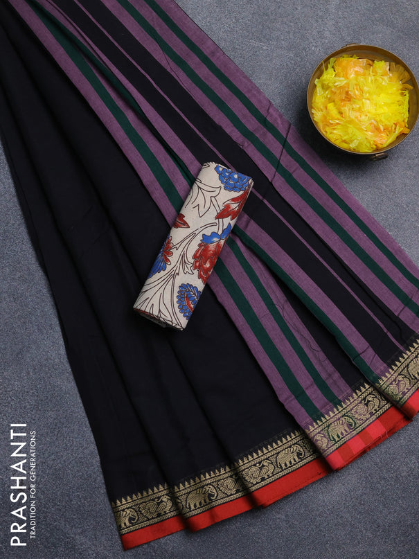 Narayanpet cotton saree black and beige with plain body and temple design thread woven border