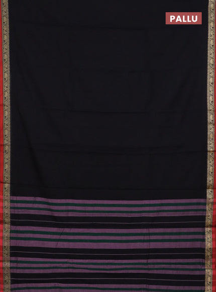 Narayanpet cotton saree black and beige with plain body and temple design thread woven border