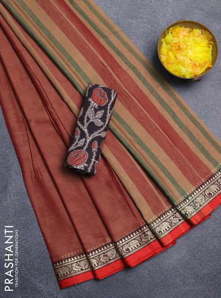 Narayanpet cotton saree pastel maroon and coffee brown with plain body and temple design thread woven border