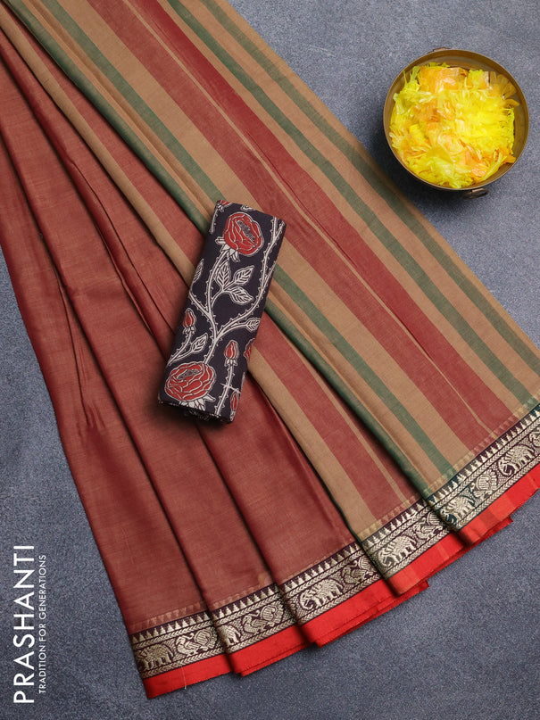 Narayanpet cotton saree pastel maroon and coffee brown with plain body and temple design thread woven border