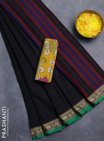 Narayanpet cotton saree black and yellow with plain body and temple design thread woven border