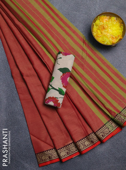 Narayanpet cotton saree pastel maroon and beige with plain body and temple design thread woven border