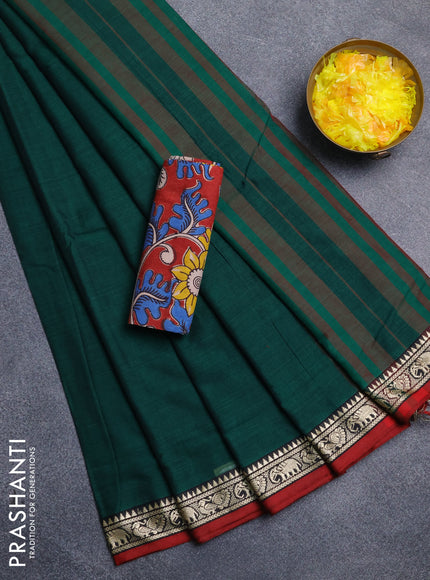 Narayanpet cotton saree bottle green and maroon with plain body and temple design thread woven border